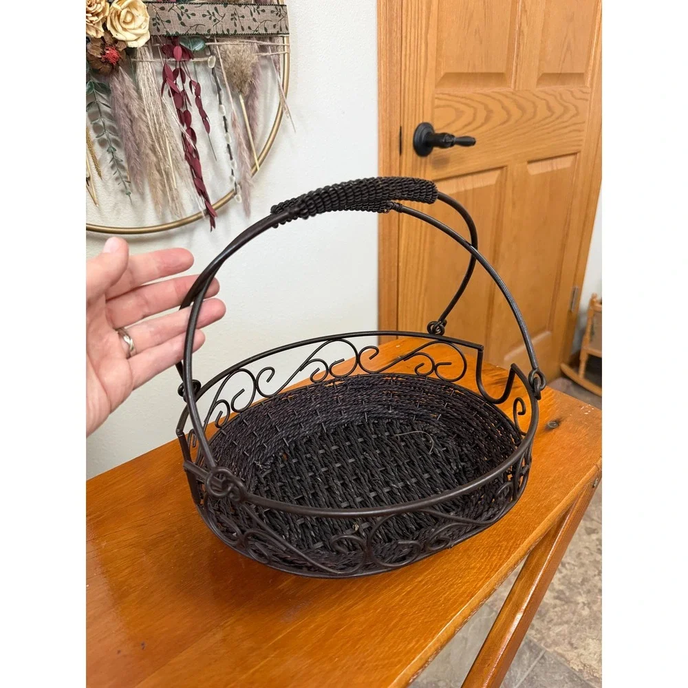 Vintage Dark Brown Metal Wire and Woven Seagrass Oval Basket with Swing Handle